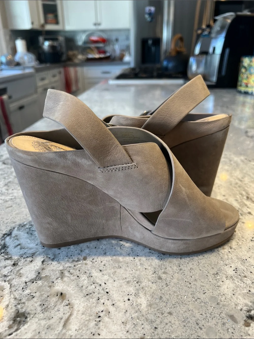 Vince Camuto Iteena Taupe Suede Wedge Sandals Size 7 EUC